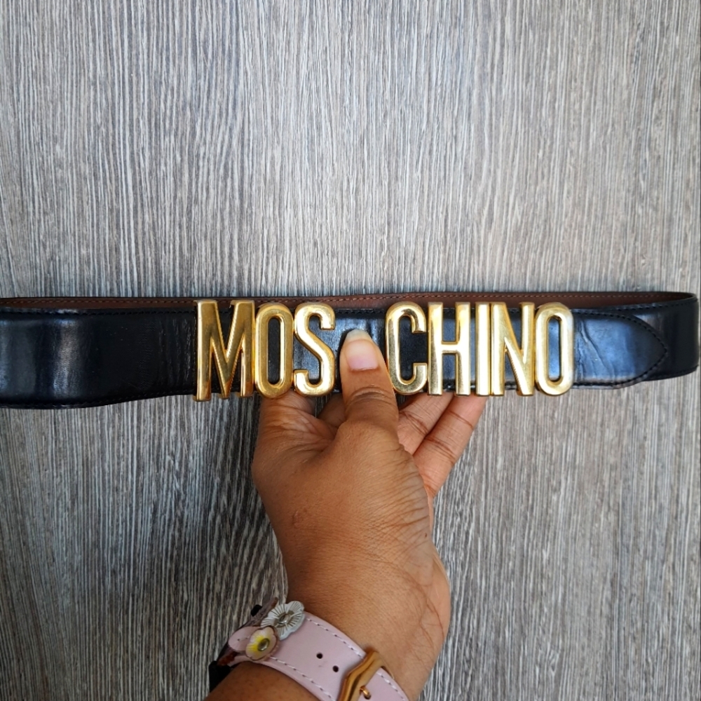 MOSCHINO Black Gold Logo Monogram Leather Belt Size 42